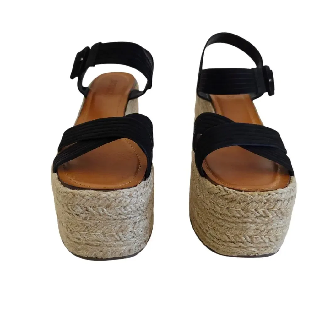 Schutz Blisse Size 9.5 Black & Tan Suede Platform Jute Espadrille Wedge Sandals